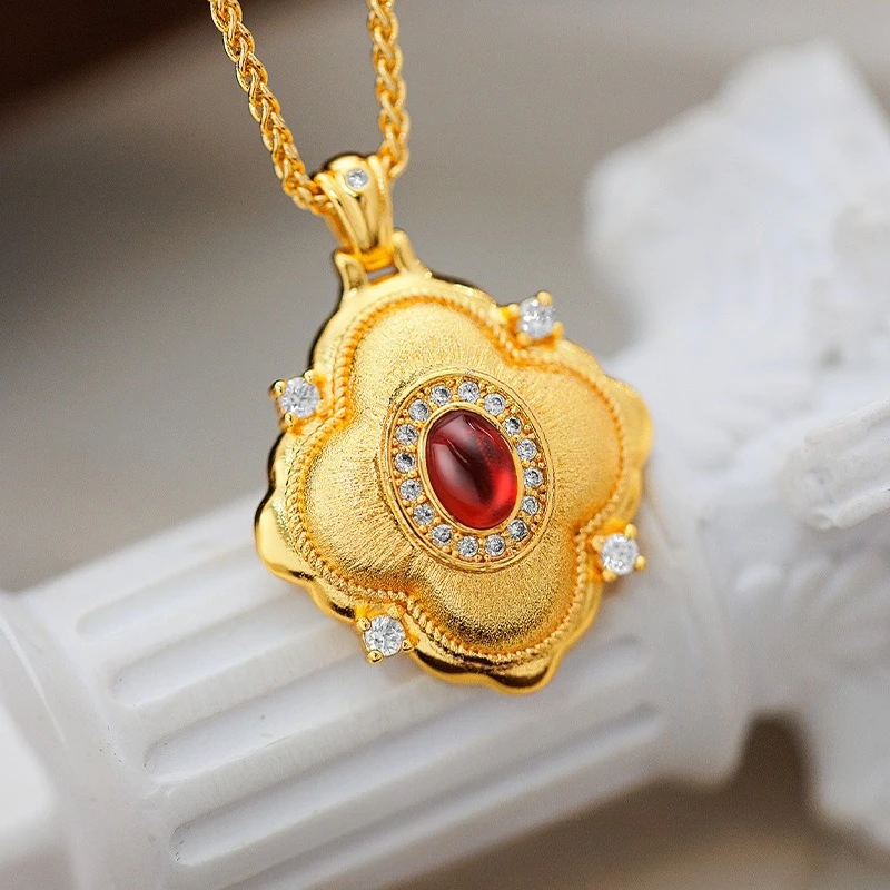 

Kt14 Gold Color Diamond Inlaid Ruby Pendant Necklace for Women's European Pendant Without Chain Wedding Birthday Jewelry Gifts