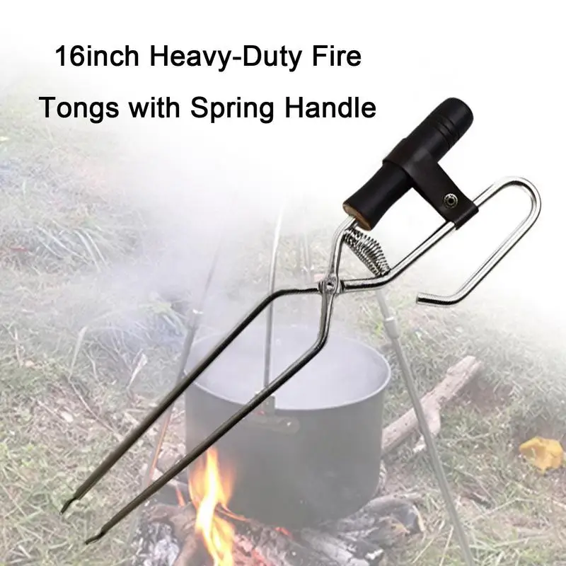 Stainless Steel Spring Tongs Outdoor Barbecue Charcoal Clips Indoor Firewood Tongs Extended Solid Wood Handle Grabbing Tool