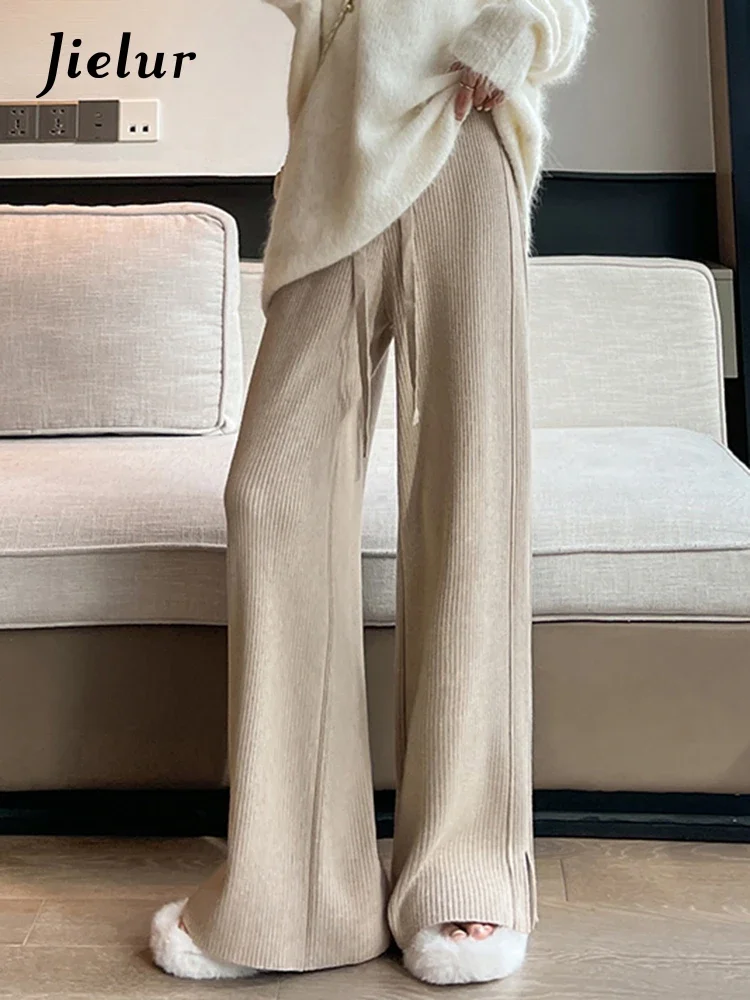 Jielur Knitted Split High Waist Chic Women's Pants Winter Straight Loose Office Lady Thick Casual Fashion Female Wide Leg Pants