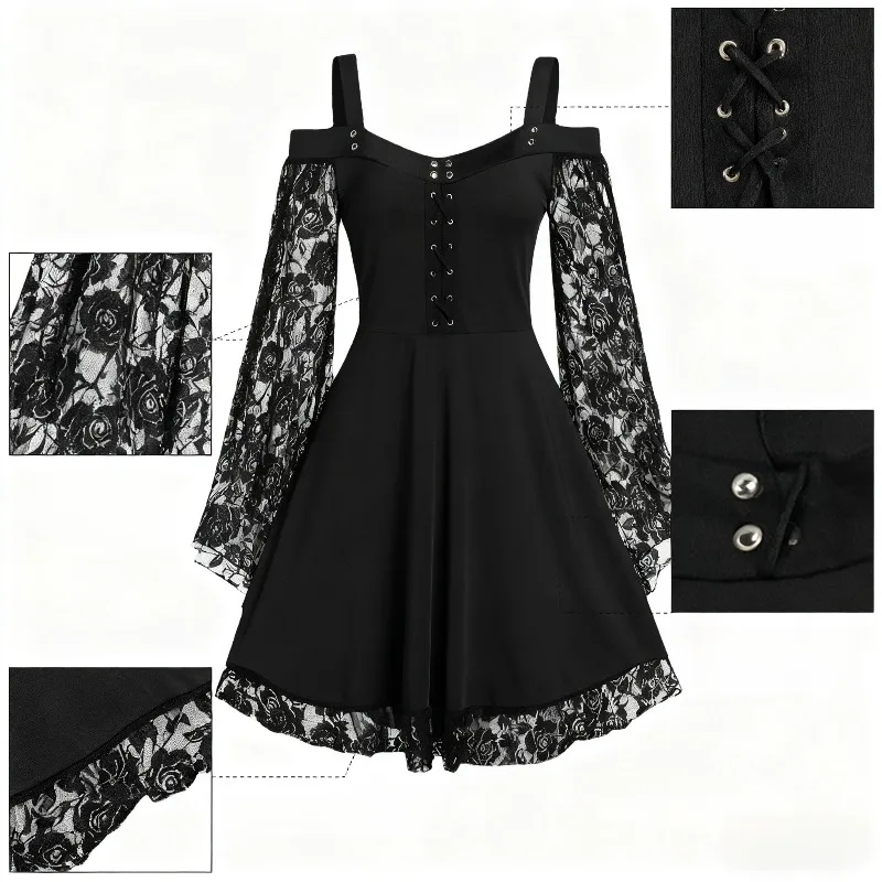 Vintage Bell Sleeve Lace Up Dress with Floral Pattern for Halloween Cosplay & Evening Party Gothic Lace Cold Shoulder Mini Dress