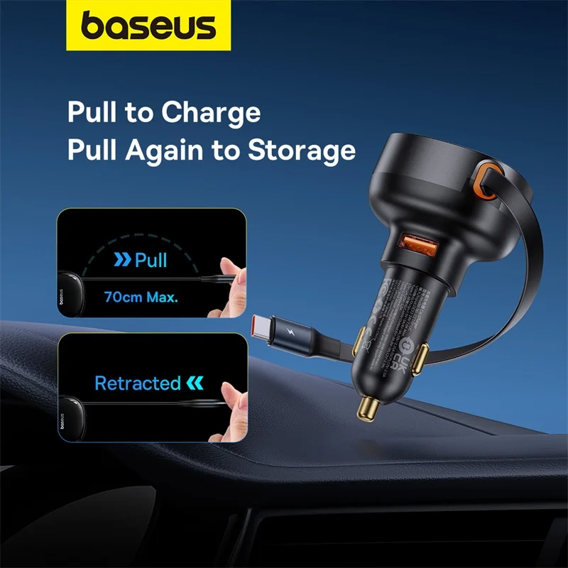 Baseus Car Charger 55W PD QC Fast Charge Retractable Cable For iPhone 12 13 14 Pro Max USB Type C Cable For Samsung S23 Xiaomi