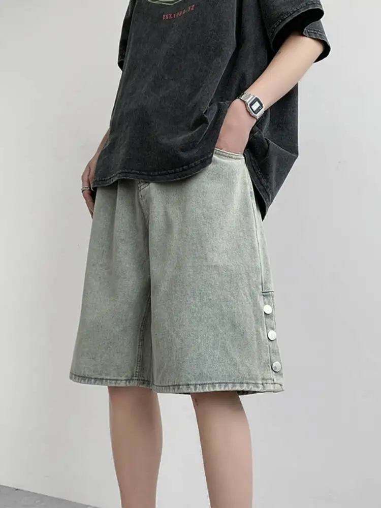 

Men's Summer Loose Fit Five-Quarter Zipper Jeans orts High Street Design Worn-look Bleached Mid-waist Straight-cut Denim ...