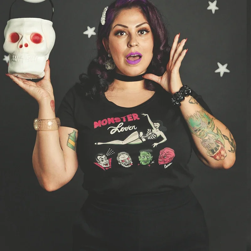 Camiseta de algodón con estampado de monstruo para mujer, ropa gótica de infierno oscuro, camiseta de Halloween con esqueleto de calavera Y2k, Top