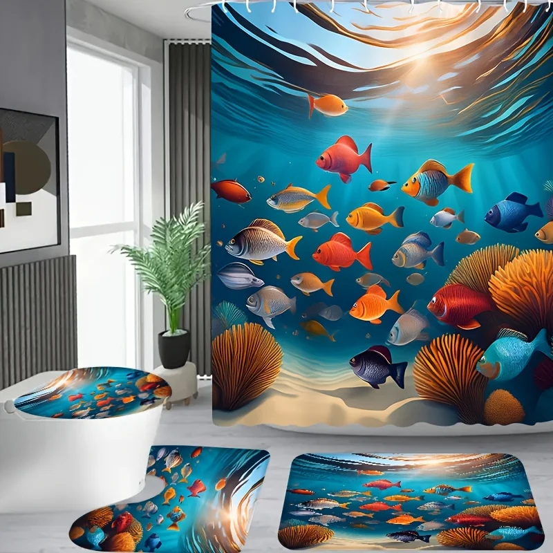 4pcs Vibrant Fish and Coral Shower Curtain Set with 12 Hooks - Polyester, All-Season Bathroom Accessories, Includes Matching