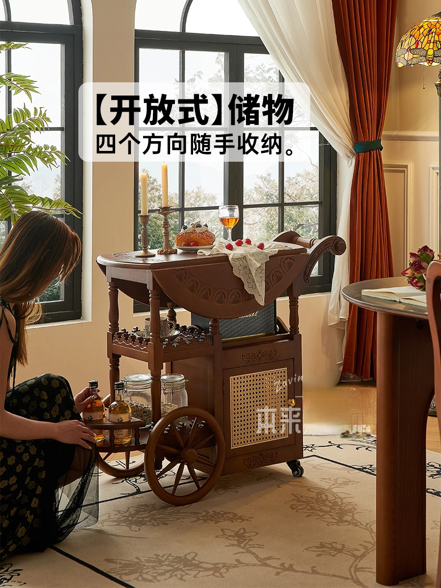 

French medieval style movable small edge table, American retro cart, folding tea table, dining car, household tea cart