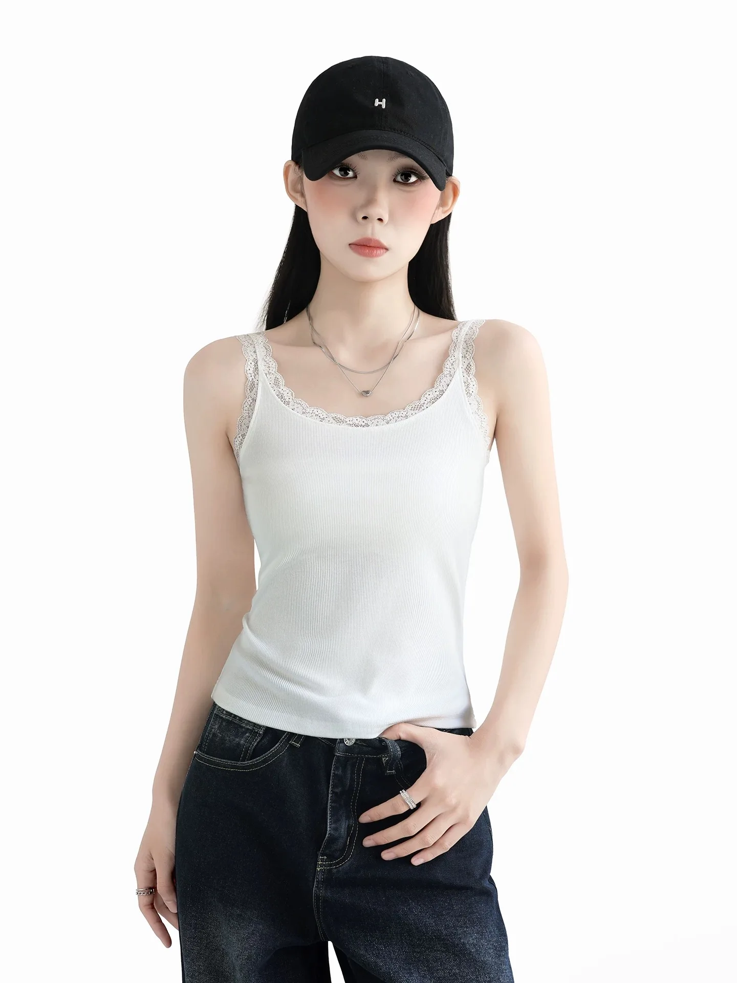 Women's Slim Fit Tank Top Lace Trim 95 Cotton Backless Summer New Style Inner Wear Outer Wear Base Layer Beautiful Back Shirt