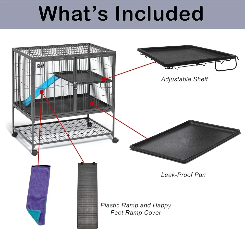 2-Tier Small Animal Cage with Ramp & Cover, Spacious Habitat for Ferrets, Rabbits, Chinchillas