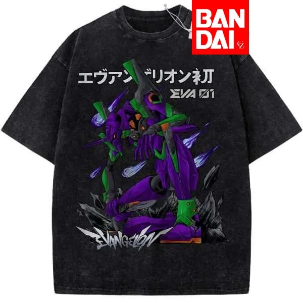 

Neon Genesis Evangelion Unit-01 Purple Beast Acid Wash Oversized Black T-Shirt 2026 Summer Anime Streetwear Graphic Tee
