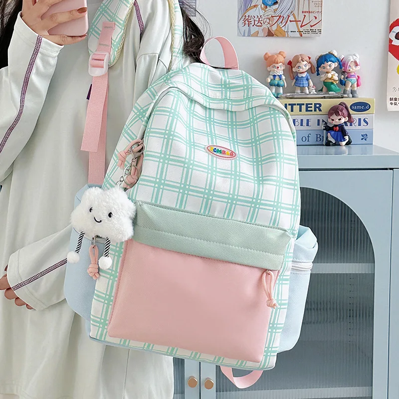 

Sweet Preppy Plaid Backpack for Junior And Senior High School College Students Women's Fashion Versatile Nylon School Bag
