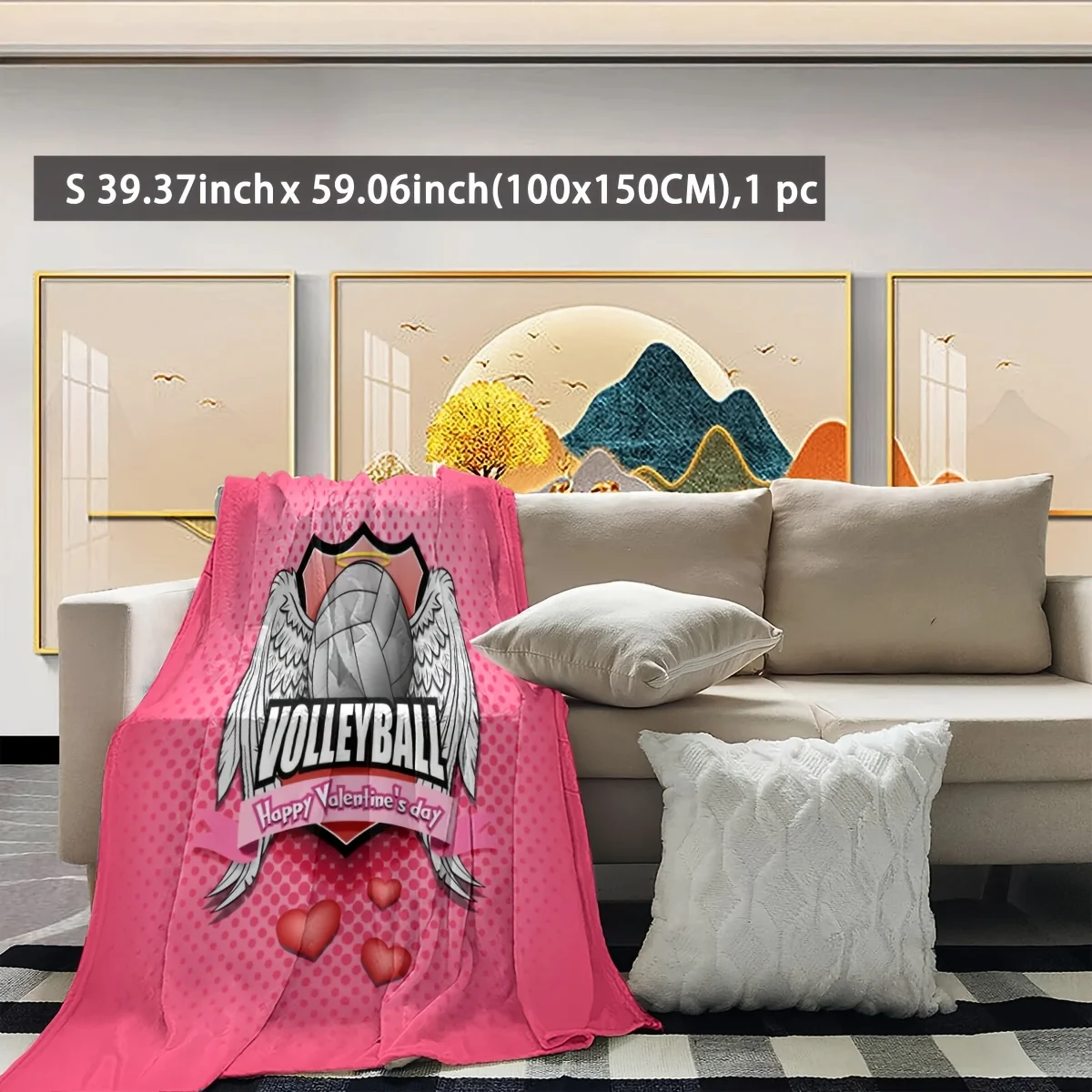Pink Valentine Volleyball Blanket Throw Cozy Sports Lover Gift Bedspread Large Soft Plush 150x200cm Couple Decor