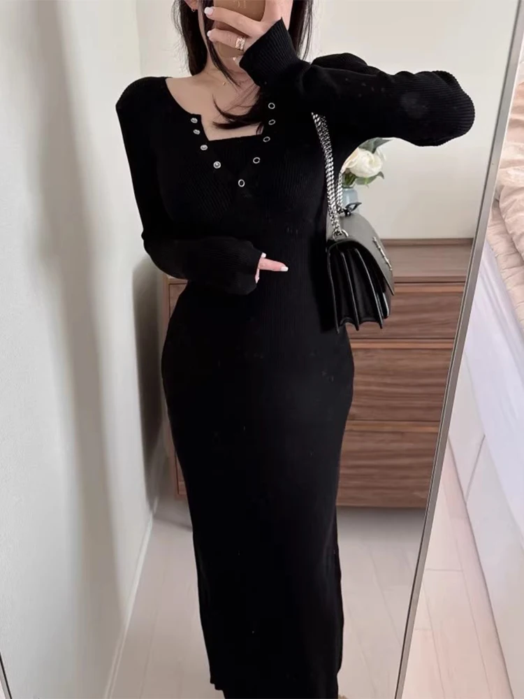 Vestido de Malha t Ajustado F Camada Base Vestido Longo Outono Novo Estilo para o Dia a Dia Cintura Alta Manga ...