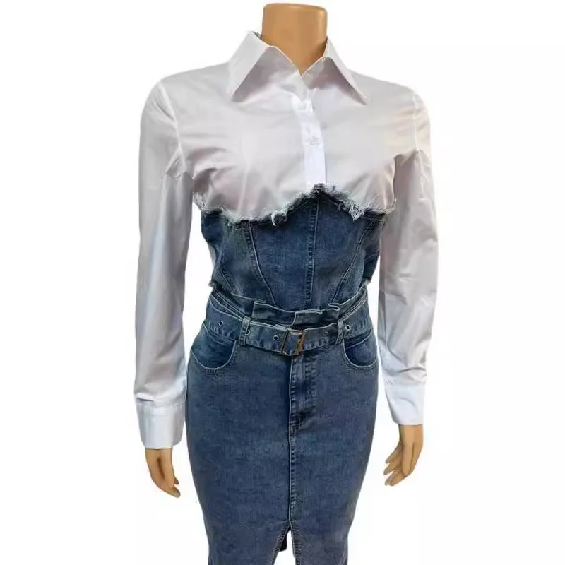 Skirt Set Women Two Piece Sets Denim Turn Down Collar Matching Sets Casual Shirt Tops Long Skirts High Waist Slim Streetwear