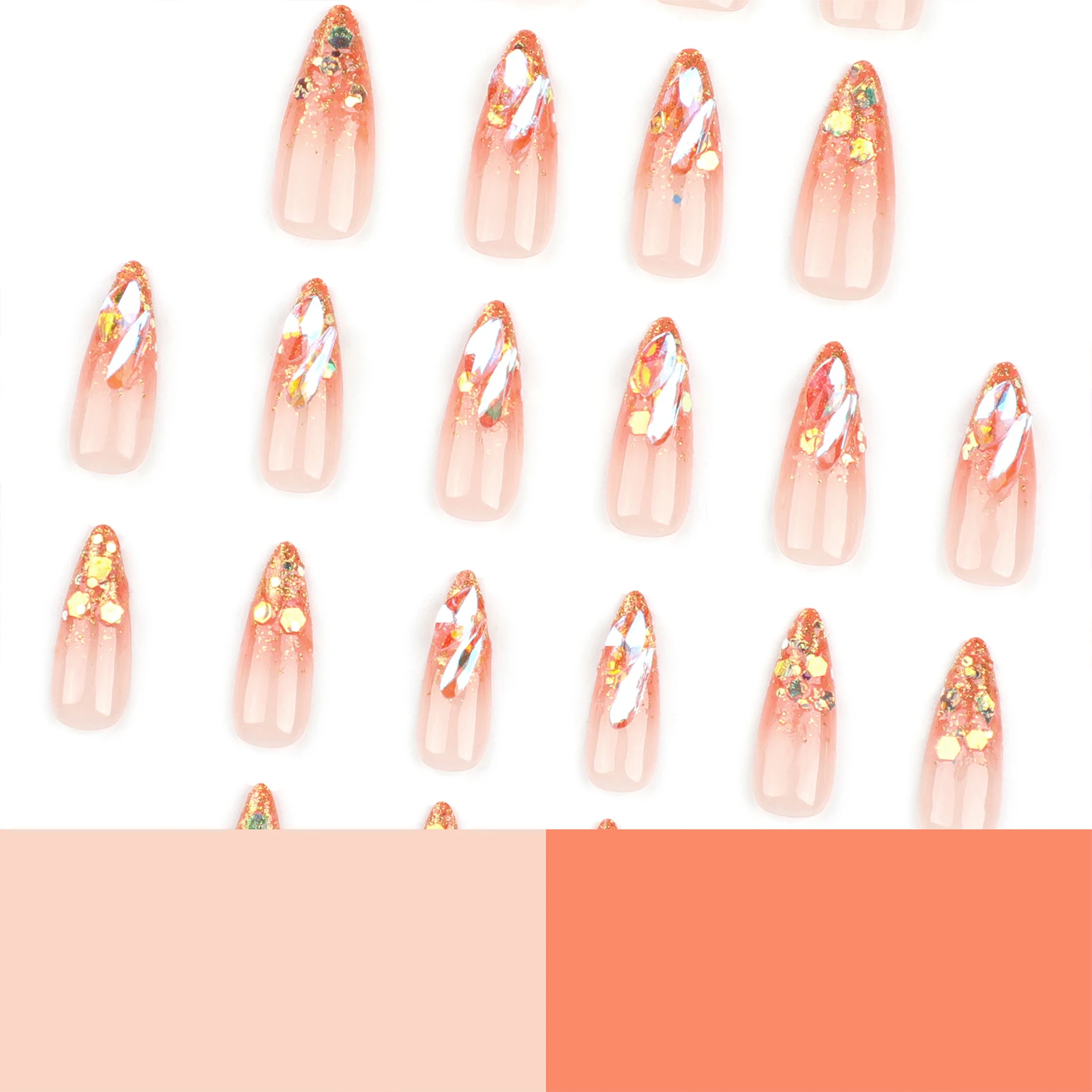 24pcs สไตล์ฝรั่งเศสเล็บปลอมยาว Stiletto แฟลชผงทอง Aurora Diamond Decor เล็บปลอมหรูหรากดบนเล็บ