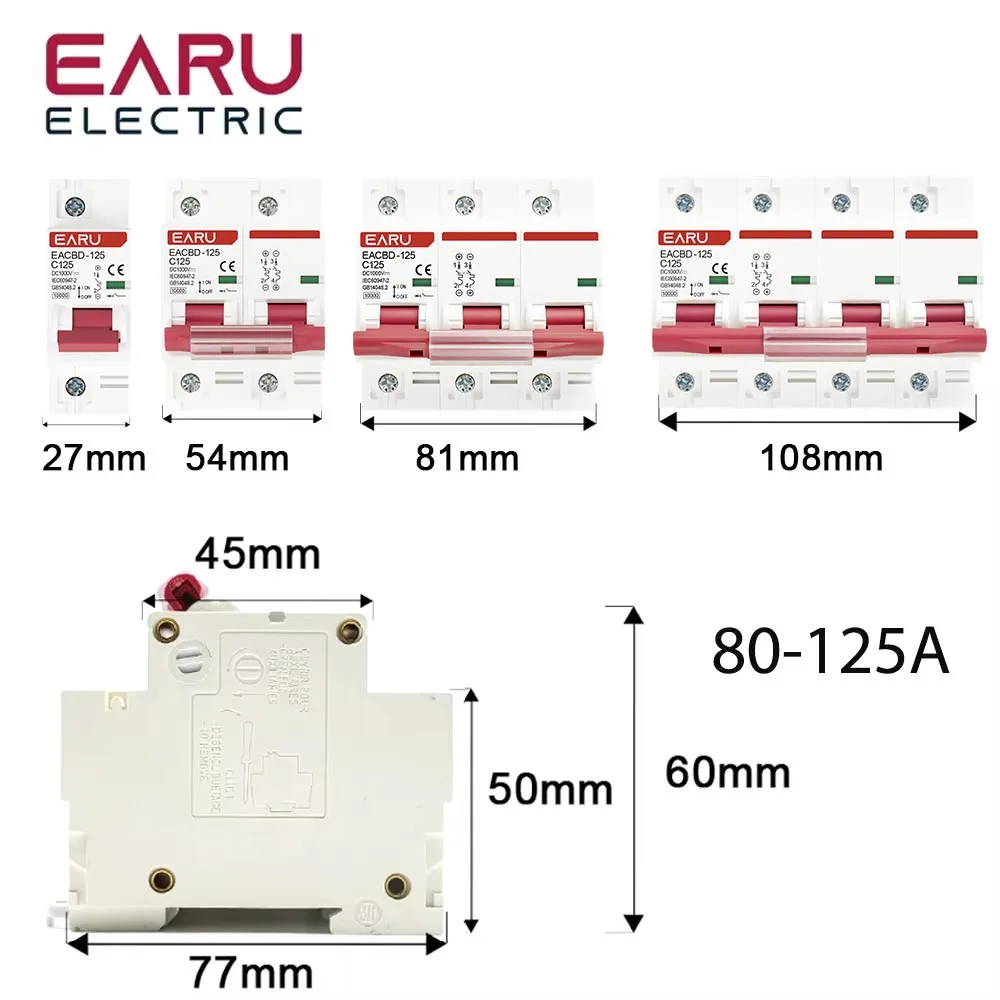 DC 1000V 1P 2P 3P 4P Solar Mini Circuit Breaker Overload Protection Switch6A~63A/80A 100A 125A MCB for Photovoltaic PV System