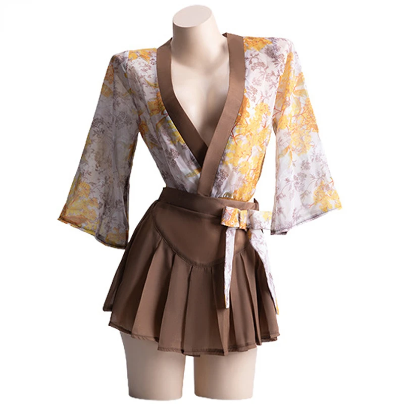 

Japanese Kimono Uniform Cosplay Costume Skirt Set Lingerie Women Underwear Pajamas Deep V Bodysuit Role Play Outfit Nightgown