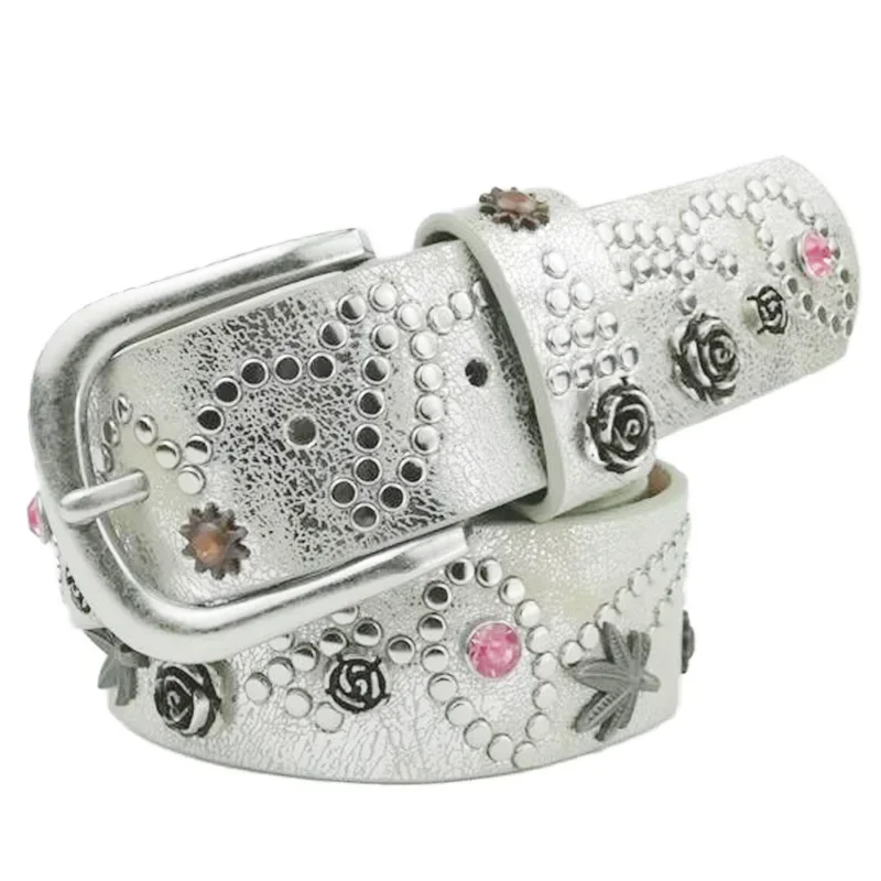 2026 Women Belt Luxury Brand Designer Leaves Flowers Rhinestone Rivets Pin Buckle PU Leather Belts for Women Jeans Waistband