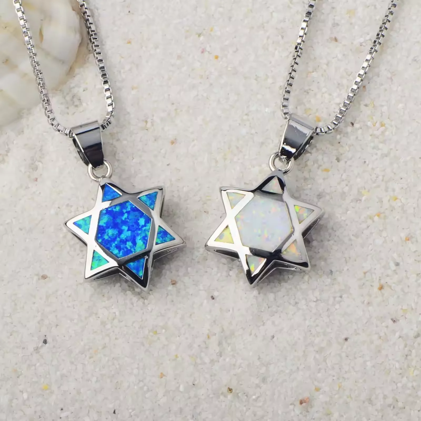 مثيرة للاهتمام مزدوجة الجانب يهوديكا اليهودية نجمة داود تشاي العبرية الأزرق والأبيض النار أوبال قلادة قلادة مجوهرات للهدايا