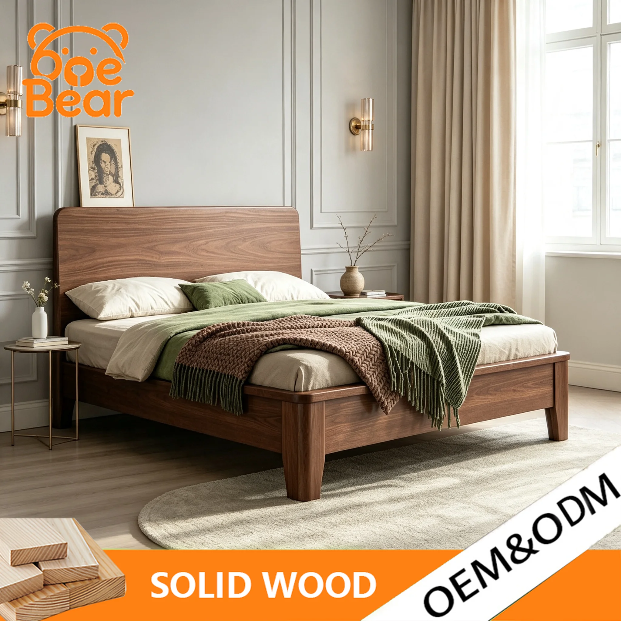 Mid-Century Modern Solid Wood Double Platform Bed Frame Minimalist Wooden Headboard Bedroom Furniture Apartment Home Decor