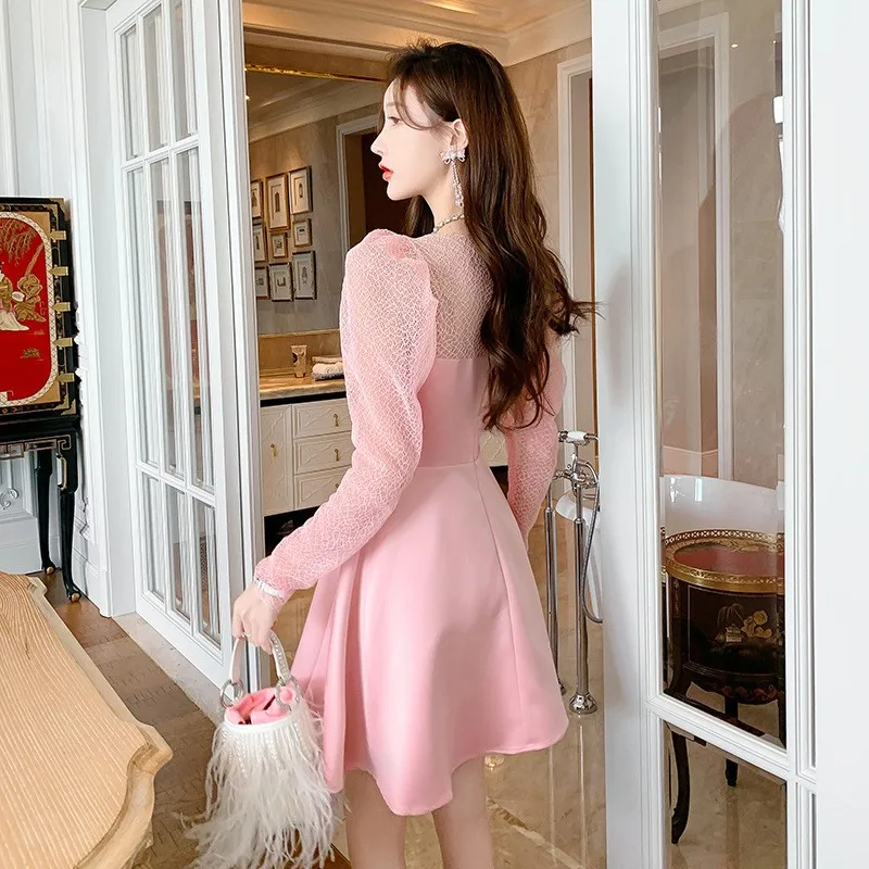 Frühling 2024 Damen Sweet Tulle Bubble Sve V-Ne Waist-Cinching Slim Satin A-Line Dr High Waist Long Sve Basic Sle