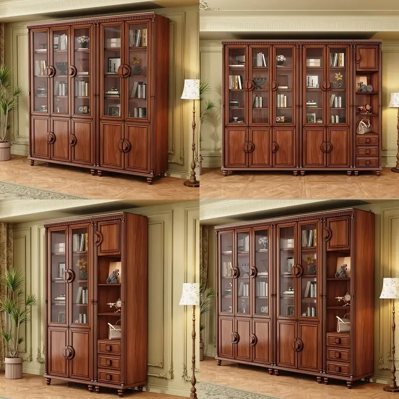 Style Solid Wood Bookcase Home Wall-Mounted Floor Standing Glass Cabinet Study Storage Cabinet Document Display Cabinet