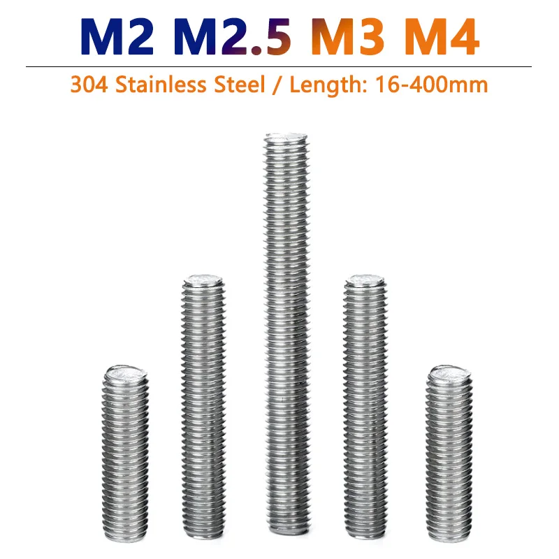 

2-10pcs M2 M2.5 M3 M4 304 Stainless Steel Full Thread Rod Fully Metric Threaded Bar Stud Headless Bolt Screw Length 16-400mm