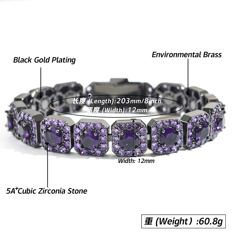 Hip Hop Purple CZ Stone Paved Bling Iced Out 12mm Tennis Chain Bracelets for Men Rapper Jewelry Black Color