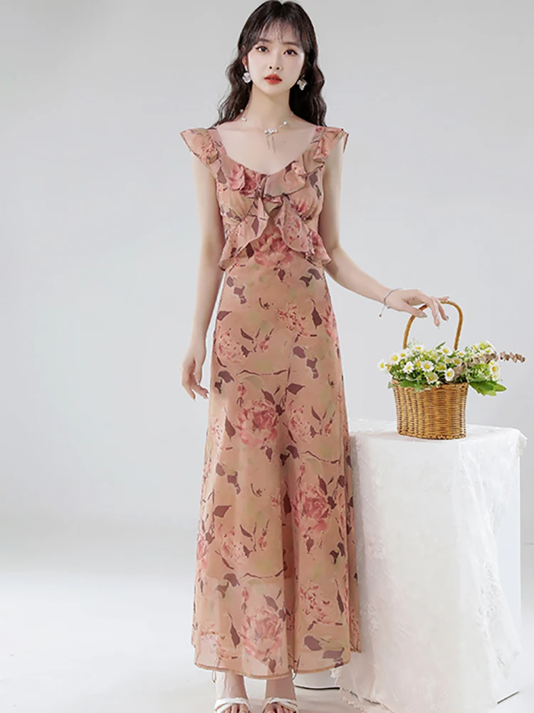 Robe longue en mousseline de soie, Style plage, florale, Maxi, élégante, Chic, à volants, écharpe, Sexy, coréenne, moulante, robe de soirée, été, 2025