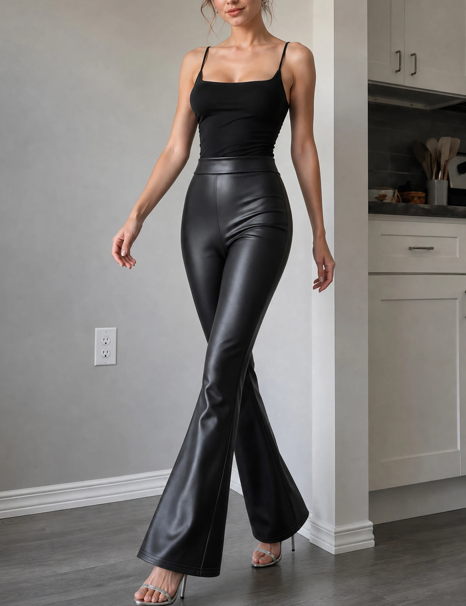Damen Stretch-Matt-Kunstleder Schmale Schlaghose, Modische Kunstlatex-PU-Schlaghose, Neue Figurbetonte Hose – Detail 2