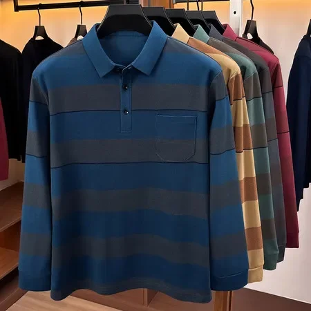 Simple Men Striped Long‑Sleeve Collared Polo Tee Chest Pocket Button Placket Office Spring Fall Casual Shirts