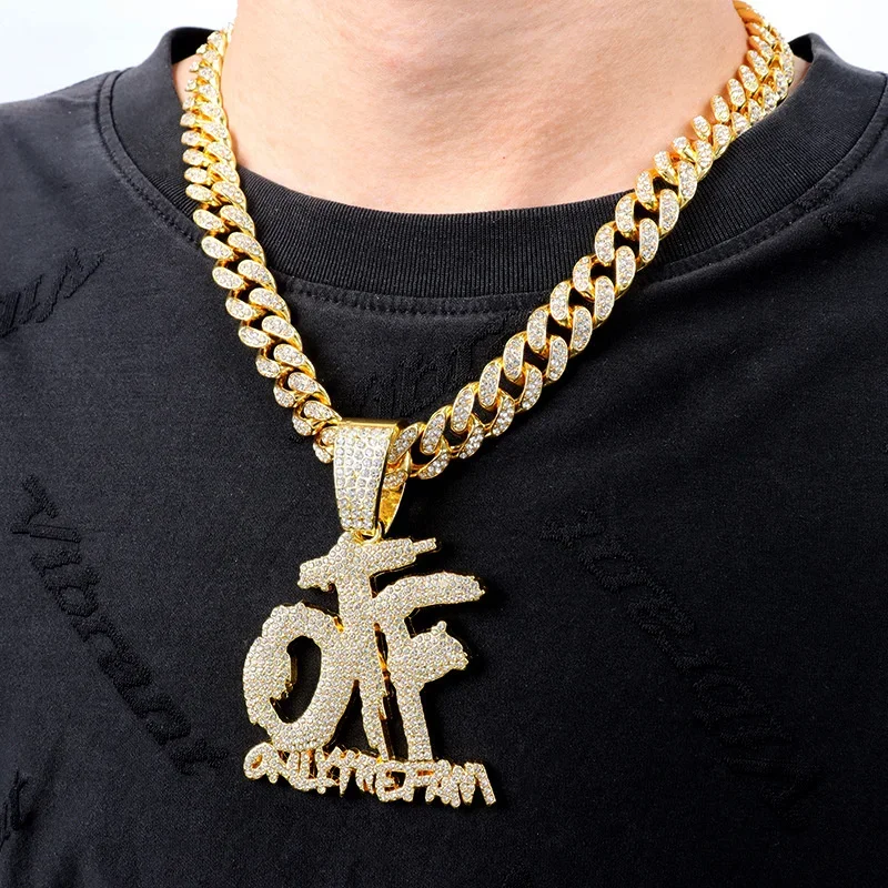 Men Women Hip Hop Iced Out OTF Necklaces With 12mm Cuban Chain Hiphop Letter Pendant Fashion Charm Punk Jewelry