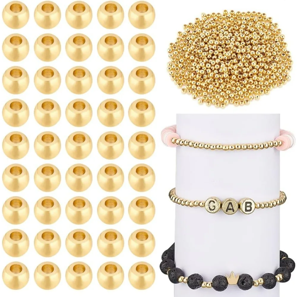 600PCS 18k Gold Palted Spacer Beads 3mm Smooth Golden Metal Loose Tiny Ball Beads Little Round Spacers for DIY