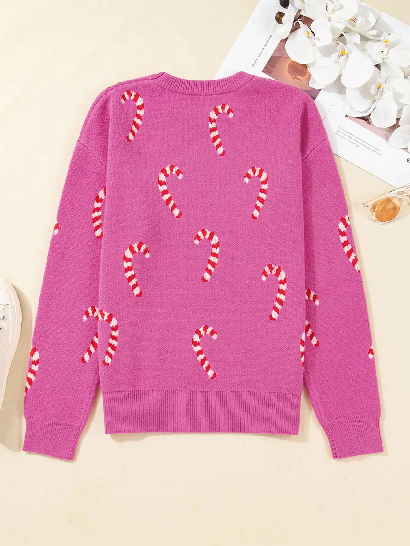 سترة نسائية وردية اللون بتصميم عيد الميلاد، فضفاضة وبدون أكتاف، مناسبة للعطلات