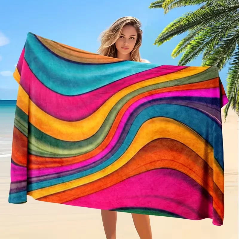 Oversized Beach Towel with Tropical Rainbow Ripple Super Absorbent Fast Drying Microfiber Lightweight Soft Camping Travel Towels