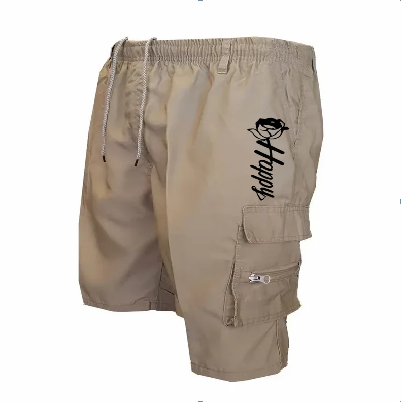 Men Army‑Green Drawstring Cargo Shorts Black Haddah Rose Floral Print Multi Zipper Pockets Casual Work Shorts