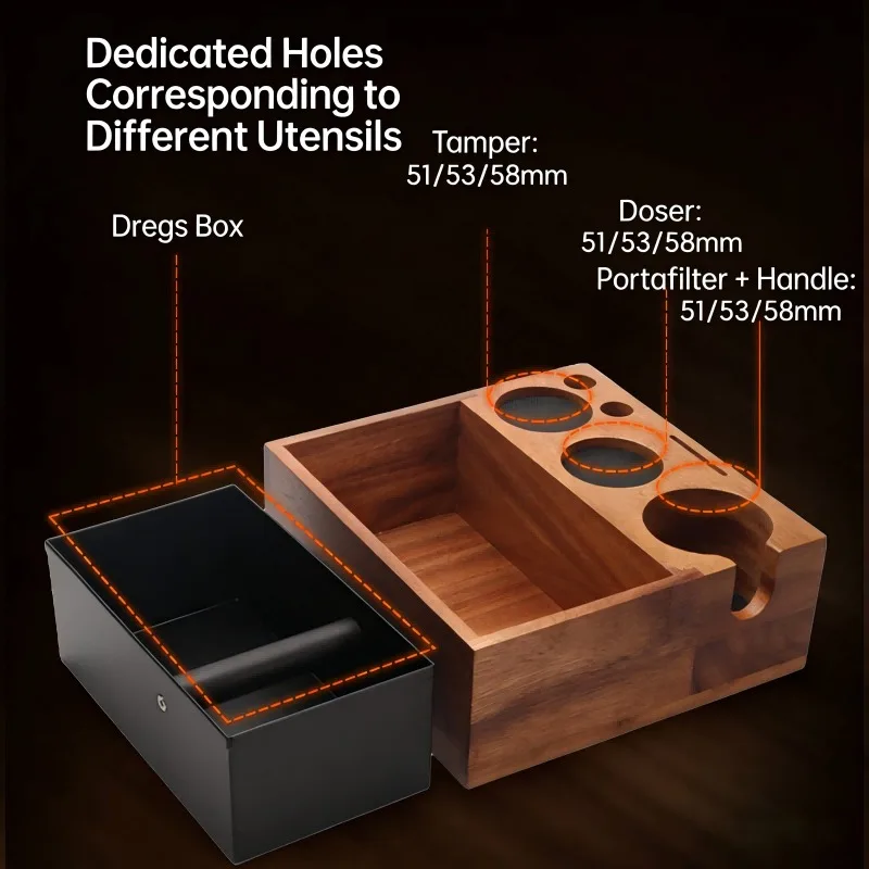 All-in-One Coffee Station Stand, Walnut Tamping BaseEspresso Tool Organizer for 58mm Tamper, Professional Barista Accessory
