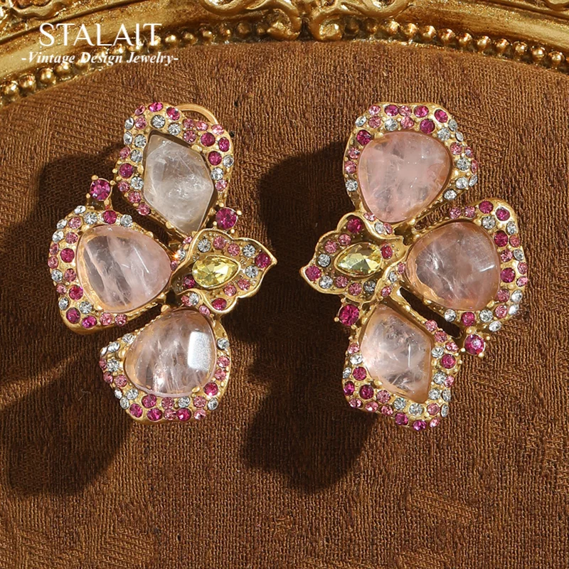 

Vintage Pink Crystal Flower Earrings Petal Butterfly Natural Stone Antique Gold Color Accessories Women Luxury Quality Jewelry