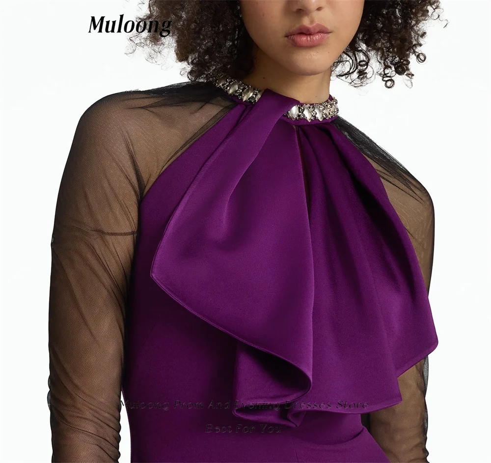 Muloong Currant Purple Floor Length Gown with Fishtail Dress Crystal Pleated Draped Neck Contrast Sleeve Luxury Evening Dress