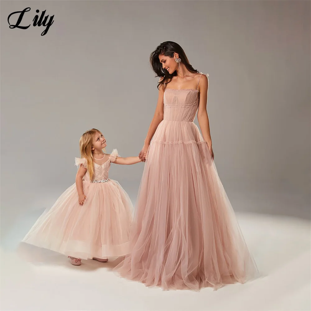 Lily Pink Prom Dresses Spaghetti Strap Celebrity Dresses Pleat Sweetheart Women\'s Evening Dress Net A Line Formal Gown 프롬 드레스