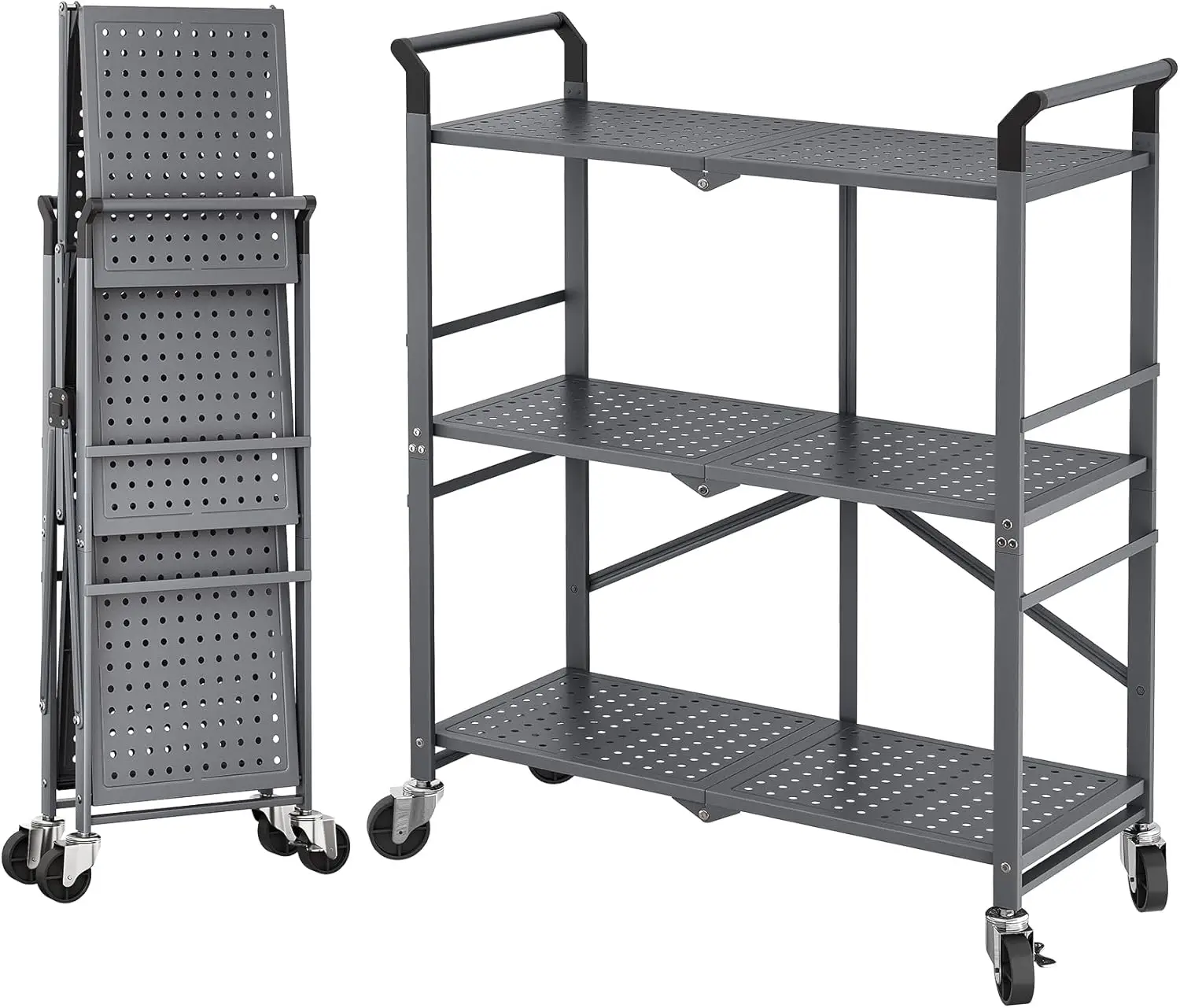 

3-Tier Folding Rolling Cart with Wheels for Kitchen Office Garage Storage, Grey