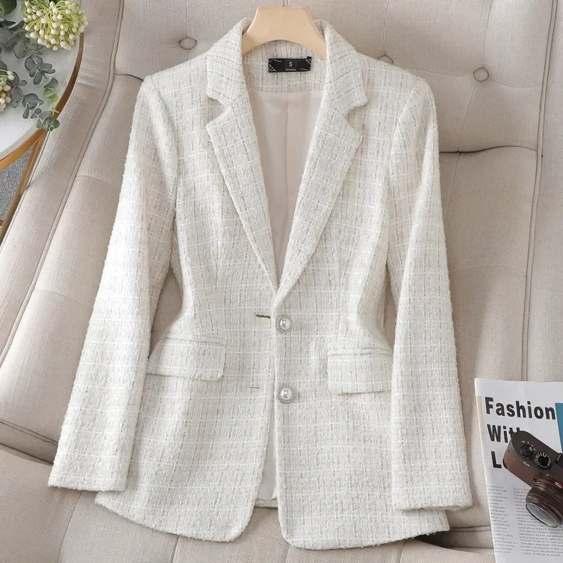 White Pink Plaid Blazer Women Jacket Business Wear Casual Suit Female Tops Autumn Long Sleeve Woolen Blazer Ladies Coat L374