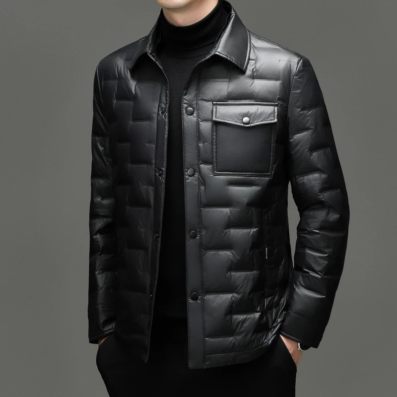 Мужской зимний пуховик средней толщины с воротником-стойкой, тонкий легкий теплый утиный пуховик, мужская одежда, одежда высокого качества
