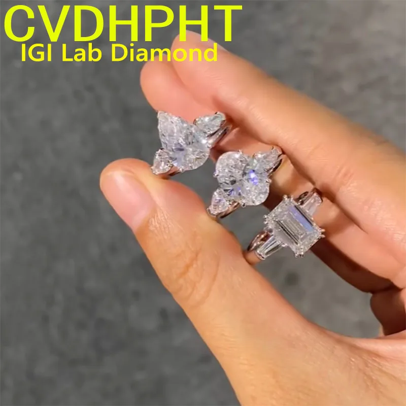 Luxurious 5 Ct Oval Pear & Emerald Cut E-VS VVS Lab Grown Diamond Solitaire&3 Stone Ring 14K Gold IGI Certified Wedding Ring ﻿