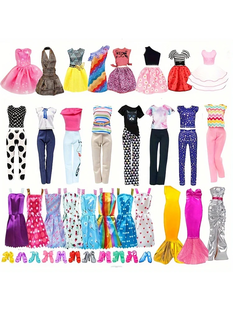 30-teiliges Puppenkleidungs- und Zubehörset für 30-cm-Puppen, inklusive 4 modischer Kleider, 4 Oberteile und Hosen, 2 langen Kleidern, 10 Schuhen, 10 Kleidern – Detail 5