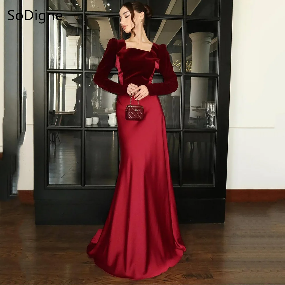 

SoDigne Elegant Mermaid Satin Evening Dresses Velvet Full Sleeves Party Dress Square Collar Prom Gowns Customized