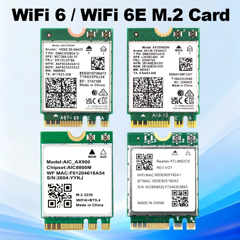 Fenvi M.2 Network Card for Intel AX210 AX200 RTL8852CE AX900 Bluetooth 5.4 5.3 Wireless Adapter 802.11AX WiFi6 WiFi 6E NGFF Card