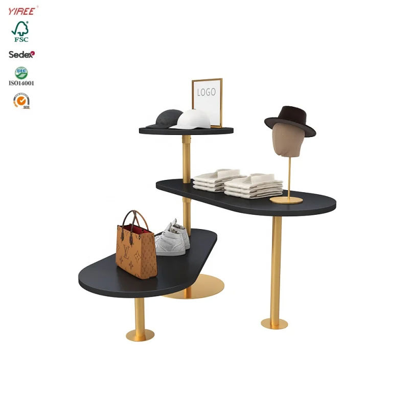 Custom. luxury custom handbag store fixtures wood metal shelf multi purpose use 3 tier table top display stand