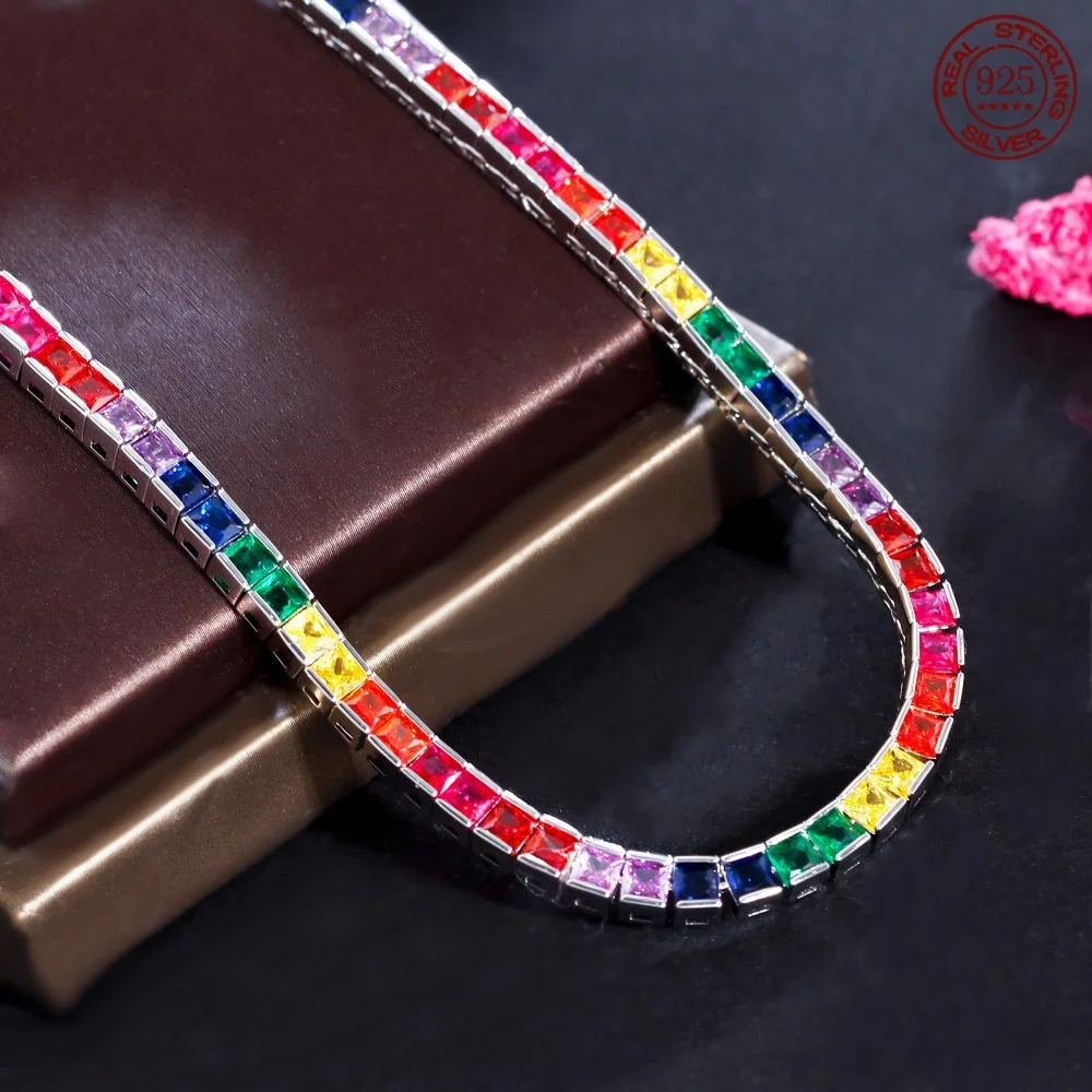 European and American simple hiphop color tennis bracelet necklace S925 silver inlaid zircon hipster Rainbow hand decoration