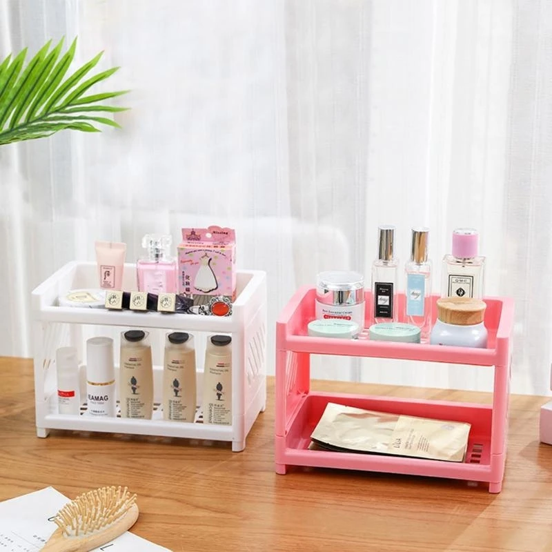 Double Layer Hollow Shelf Plastic Cosmetics Desktop Finishing Bathroom Accessory