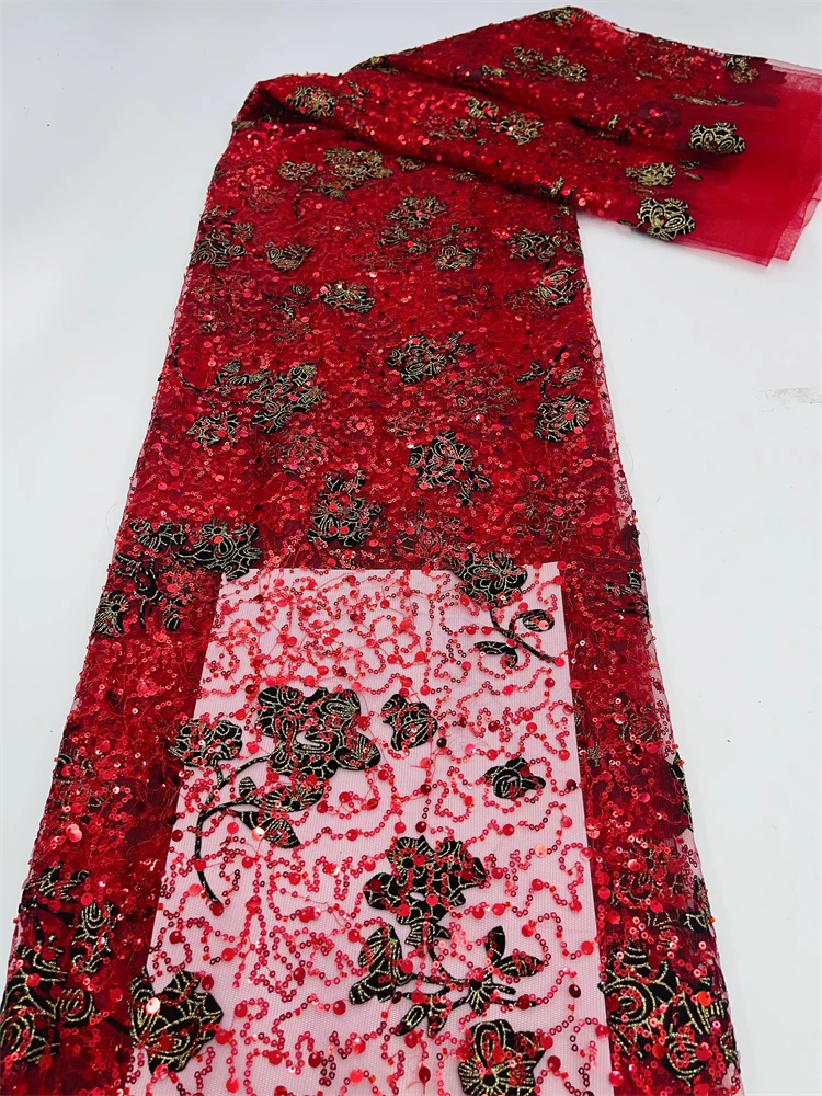 

French Mesh Lace Fabrics Embroidery Sequins Tulle Beaded African Fabric for Women Party Dresses 5Yards Sewing Meters