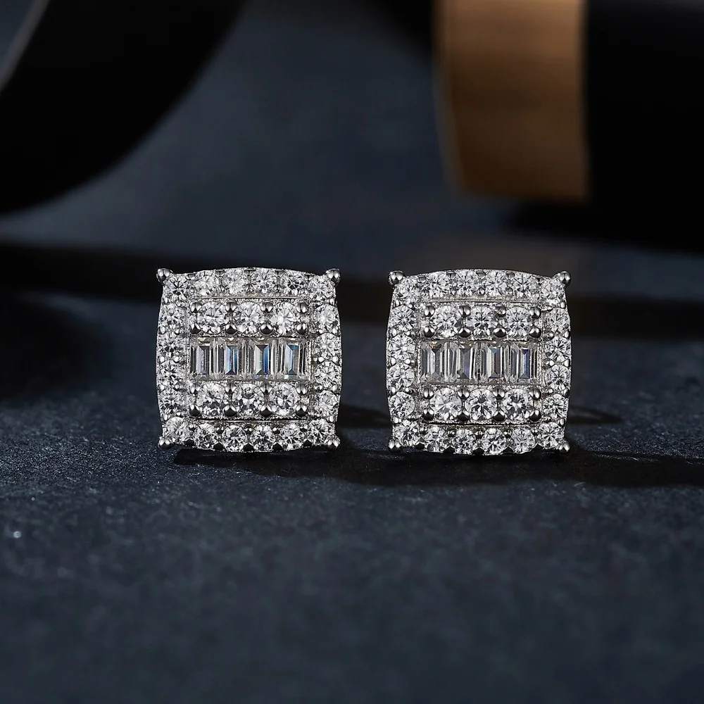 

925 Silver Moissanite Wedding Earrings for Brides Rectangle 925 Sterling Silver Ladies Moissanite Earrings